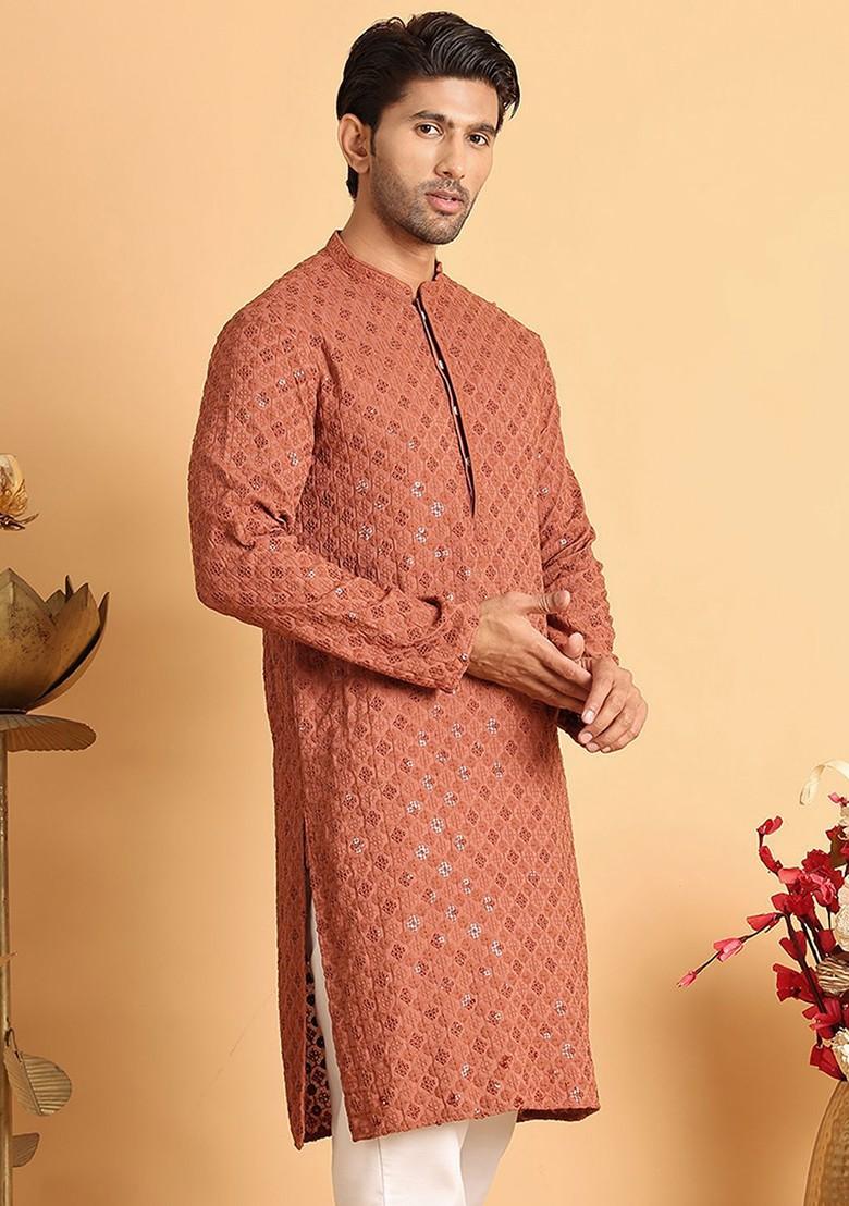 Rust Brown Embroidered Poly Blend Kurta For Men