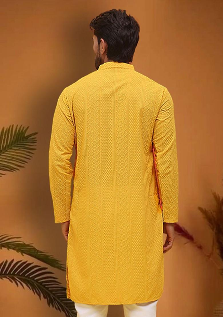 Mustard Yellow Embroidered Poly Blend Kurta For Men