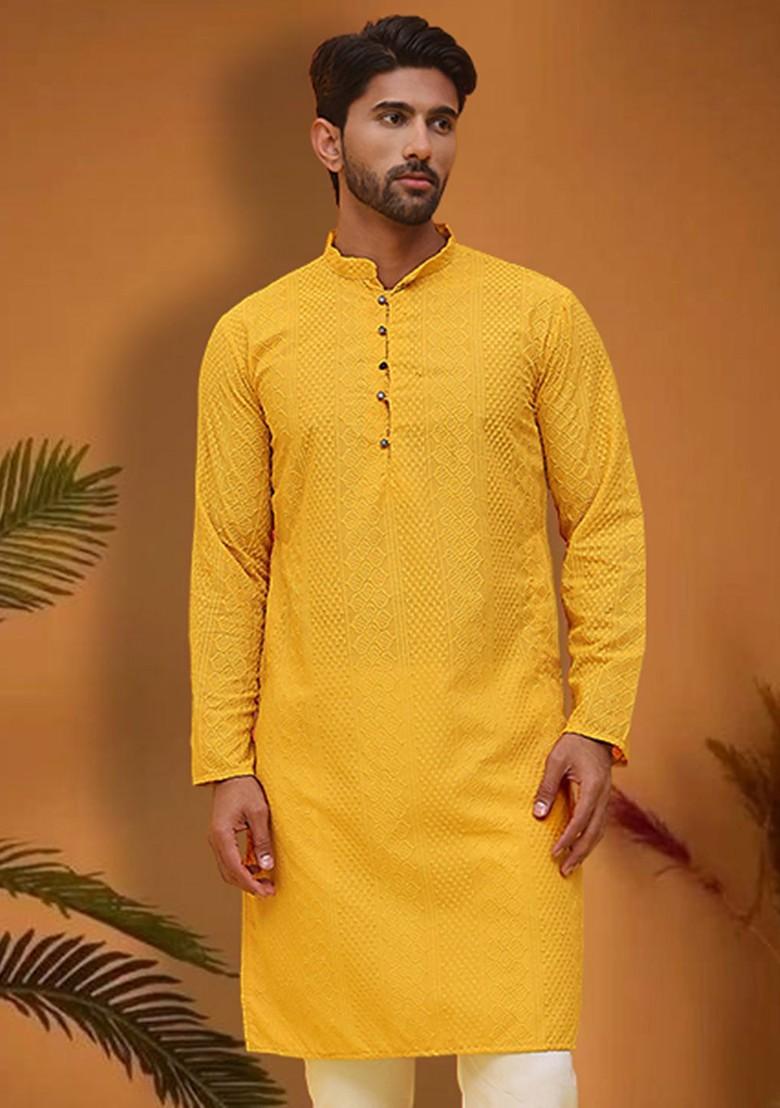 Mustard Yellow Embroidered Poly Blend Kurta For Men
