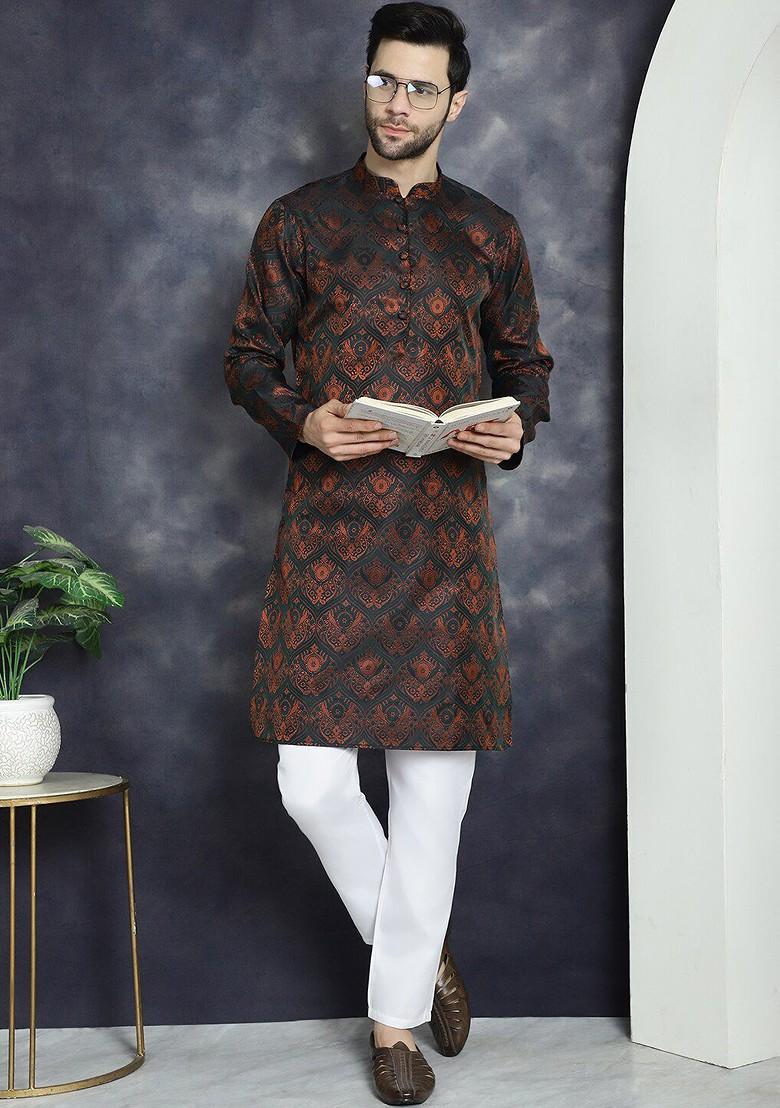 Black Printed Poly Blend Kurta For Men