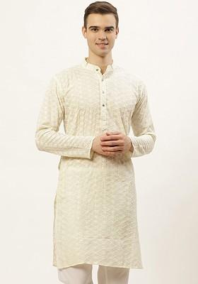Cream Embroidered Poly Blend Kurta For Men