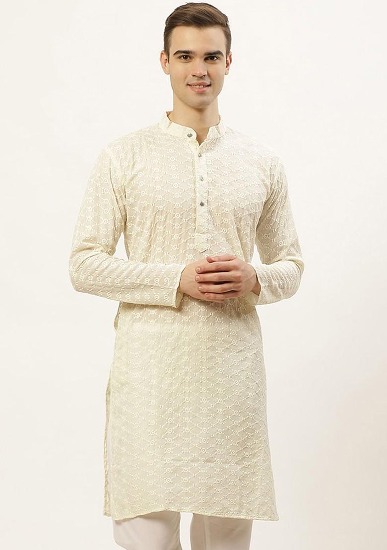 Cream Embroidered Poly Blend Kurta For Men
