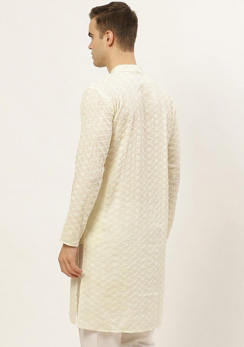 Cream Embroidered Poly Blend Kurta For Men