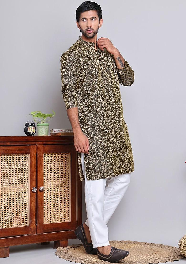 Green Woven Design Poly Blend Kurta For Men