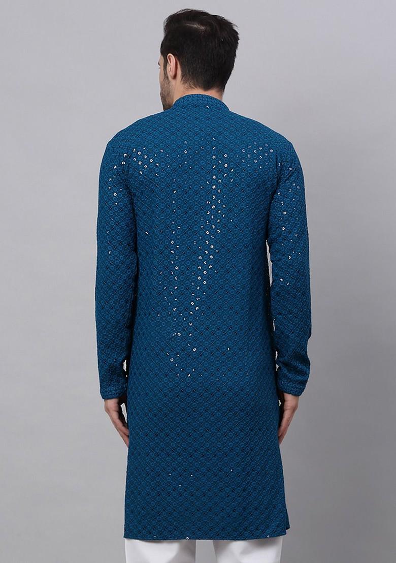 Teal Blue Embroidered Poly Blend Kurta For Men