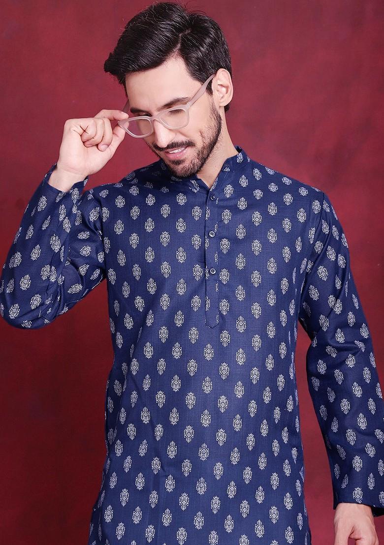 Navy Blue Printed Poly Blend Kurta For Men