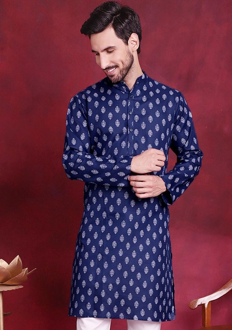 Navy Blue Printed Poly Blend Kurta For Men