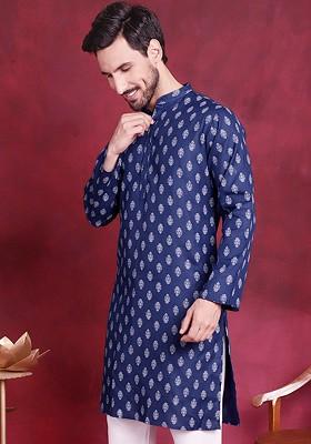 Navy Blue Printed Poly Blend Kurta For Men