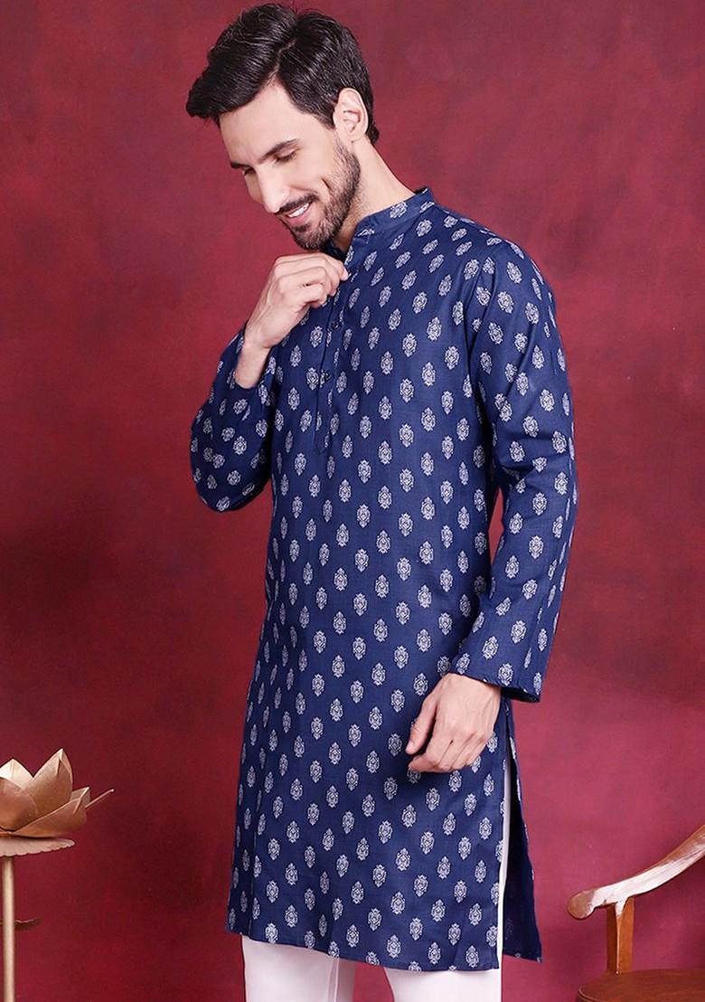 Navy Blue Printed Poly Blend Kurta For Men