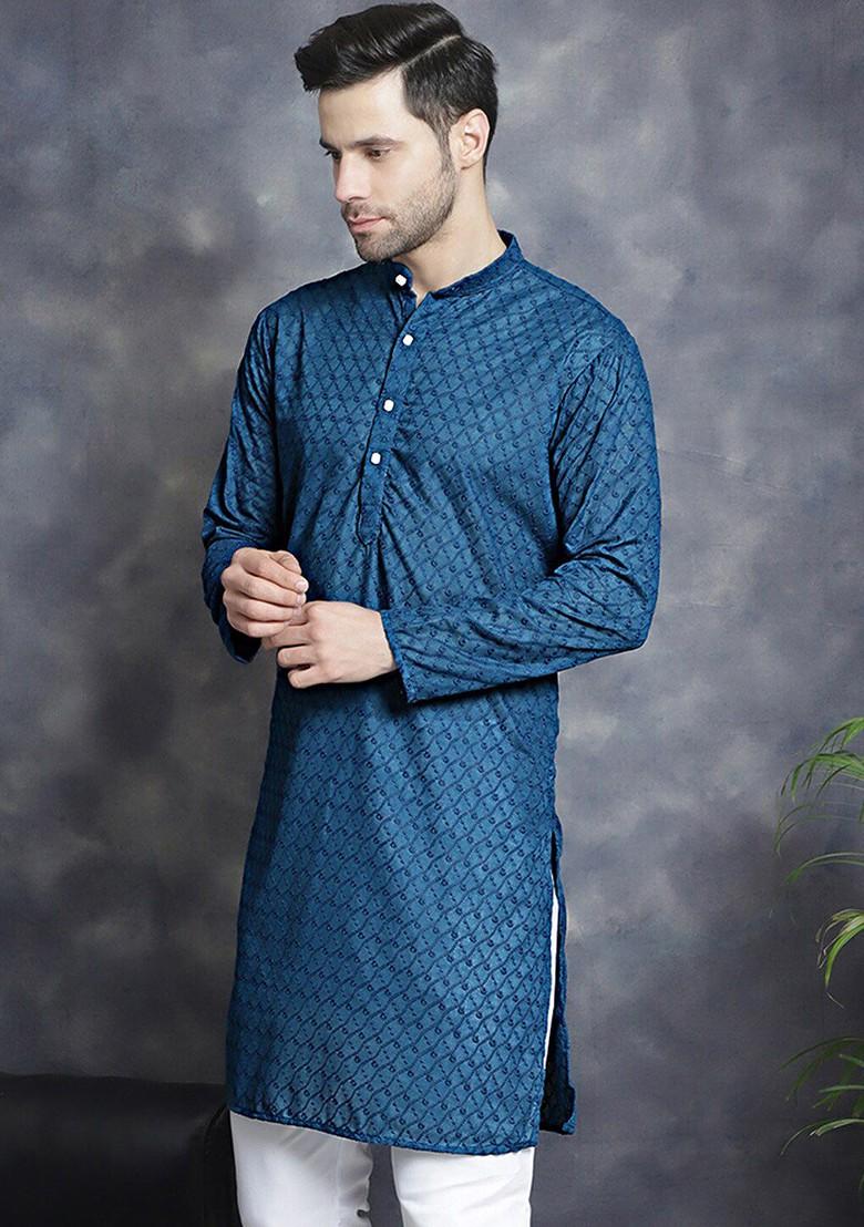 Blue Embellished Poly Blend Kurta For Men