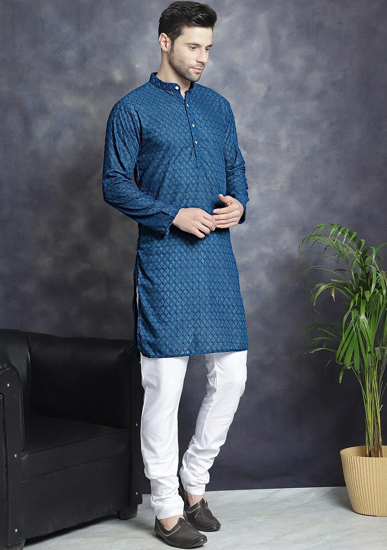 Blue Embellished Poly Blend Kurta For Men