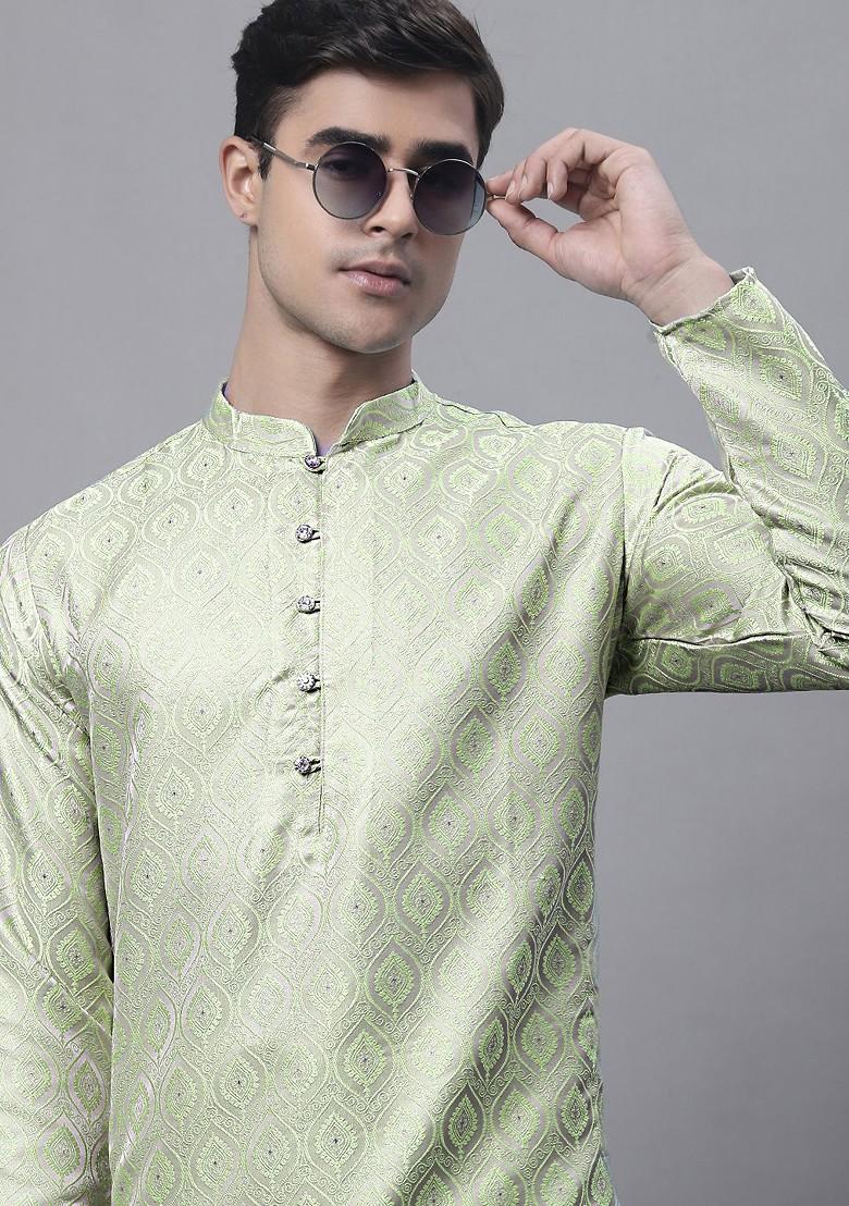 Green Woven Design Poly Blend Kurta For Men