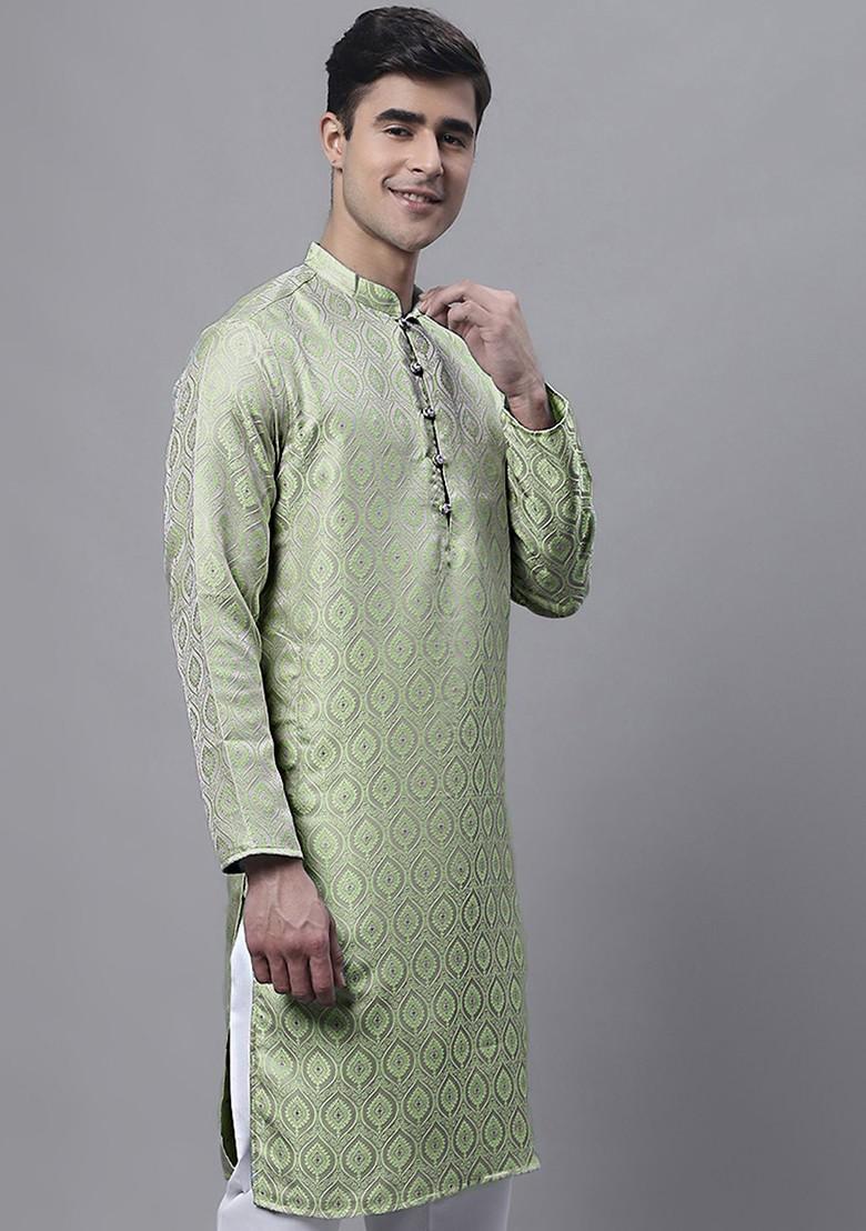 Green Woven Design Poly Blend Kurta For Men