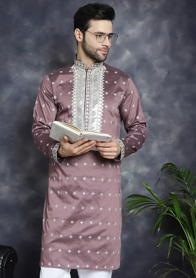 Magenta Embroidered Poly Blend Kurta For Men