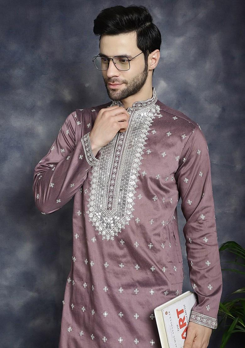 Magenta Embroidered Poly Blend Kurta For Men