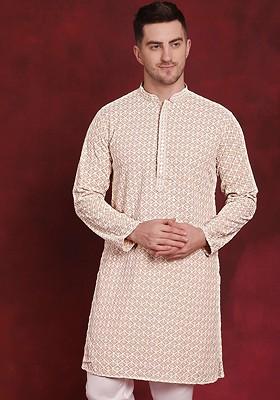 Beige Embroidered Poly Blend Kurta For Men