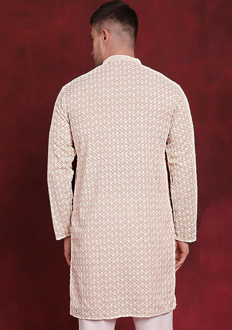 Beige Embroidered Poly Blend Kurta For Men