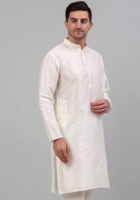 Off White Embroidered Poly Blend Kurta For Men
