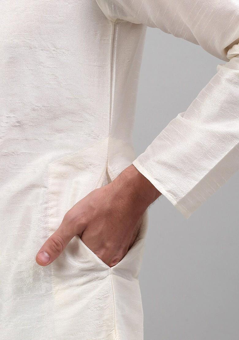 Off White Embroidered Poly Blend Kurta For Men