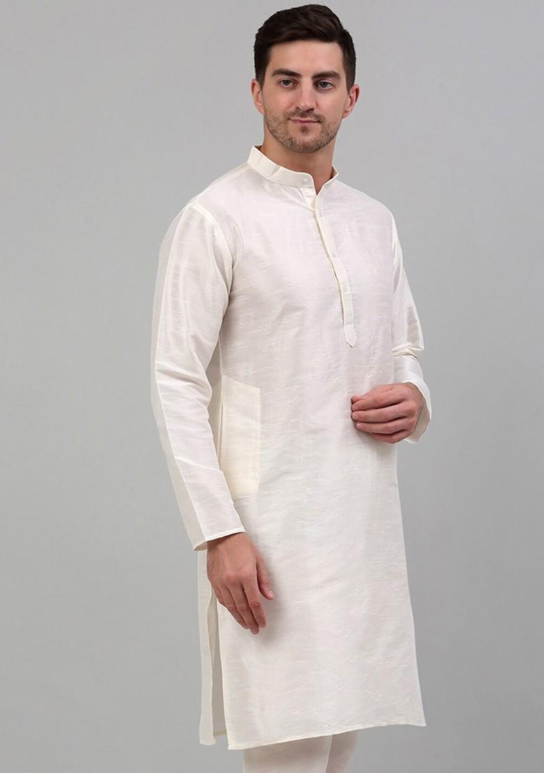 Off White Embroidered Poly Blend Kurta For Men