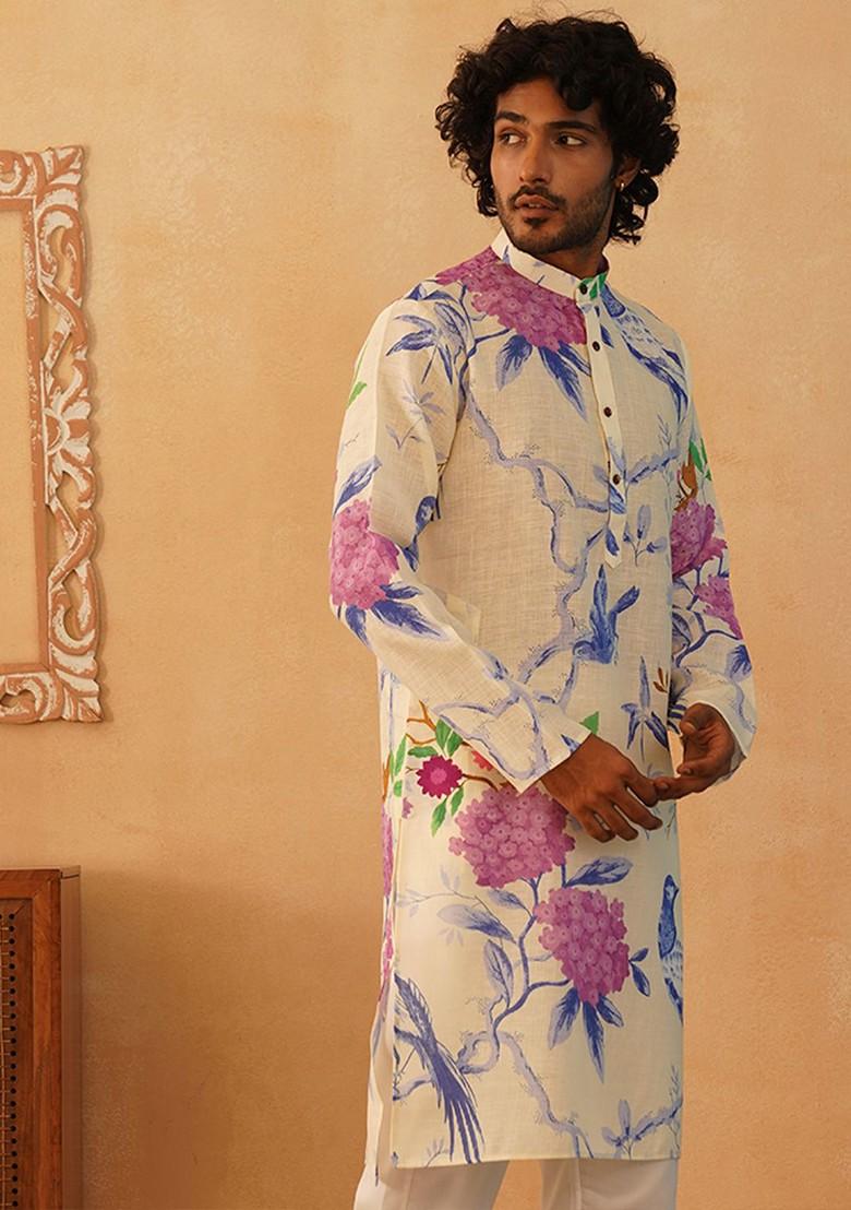 White Printed Poly Blend Kurta For Men