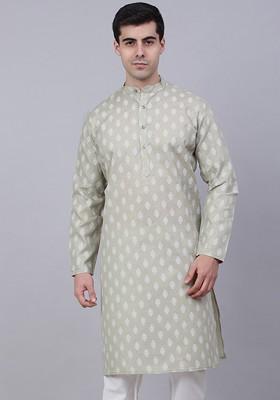 Grey Printed Poly Blend Kurta For Men