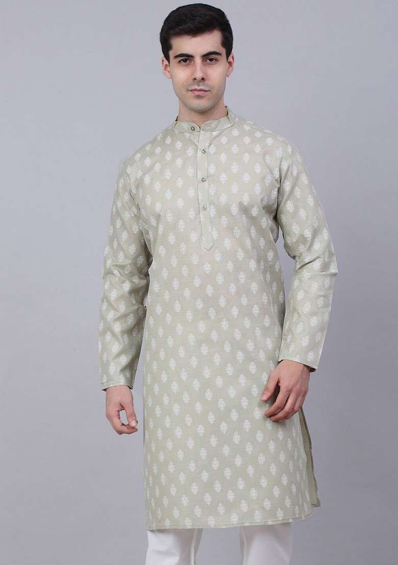 Grey Printed Poly Blend Kurta For Men - Indya