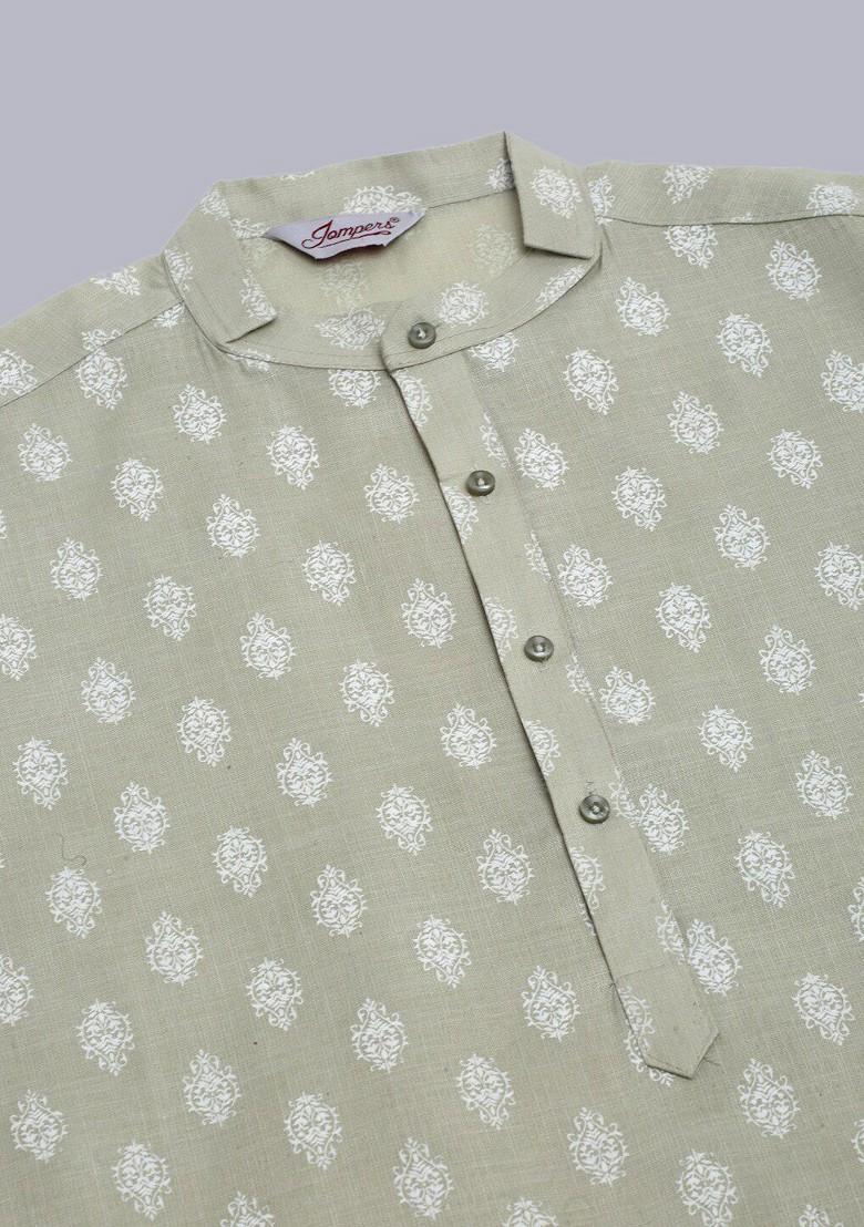 Grey Printed Poly Blend Kurta For Men