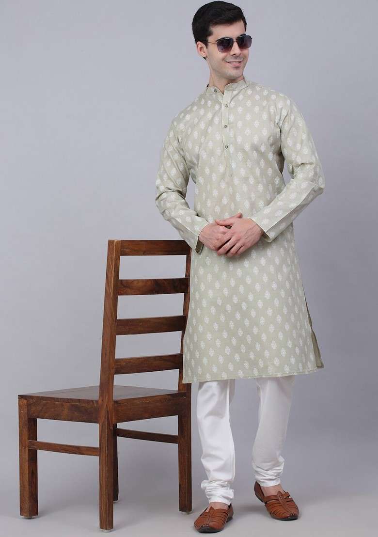 Grey Printed Poly Blend Kurta For Men - Indya