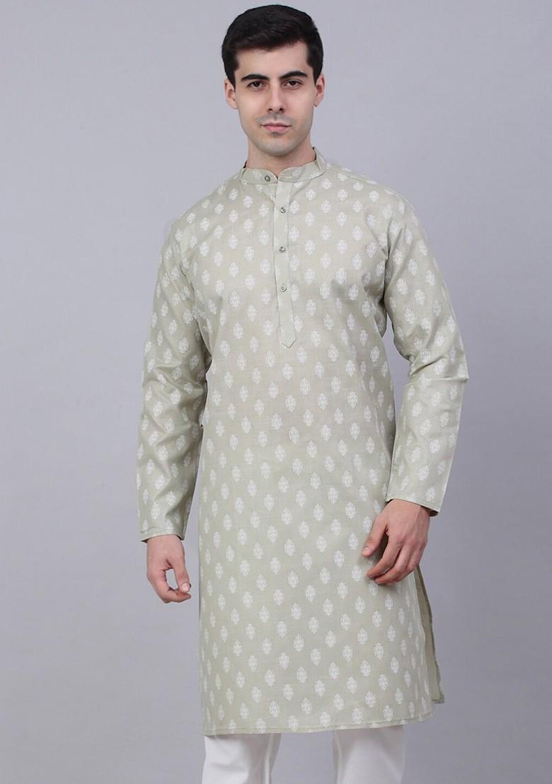 Grey Printed Poly Blend Kurta For Men