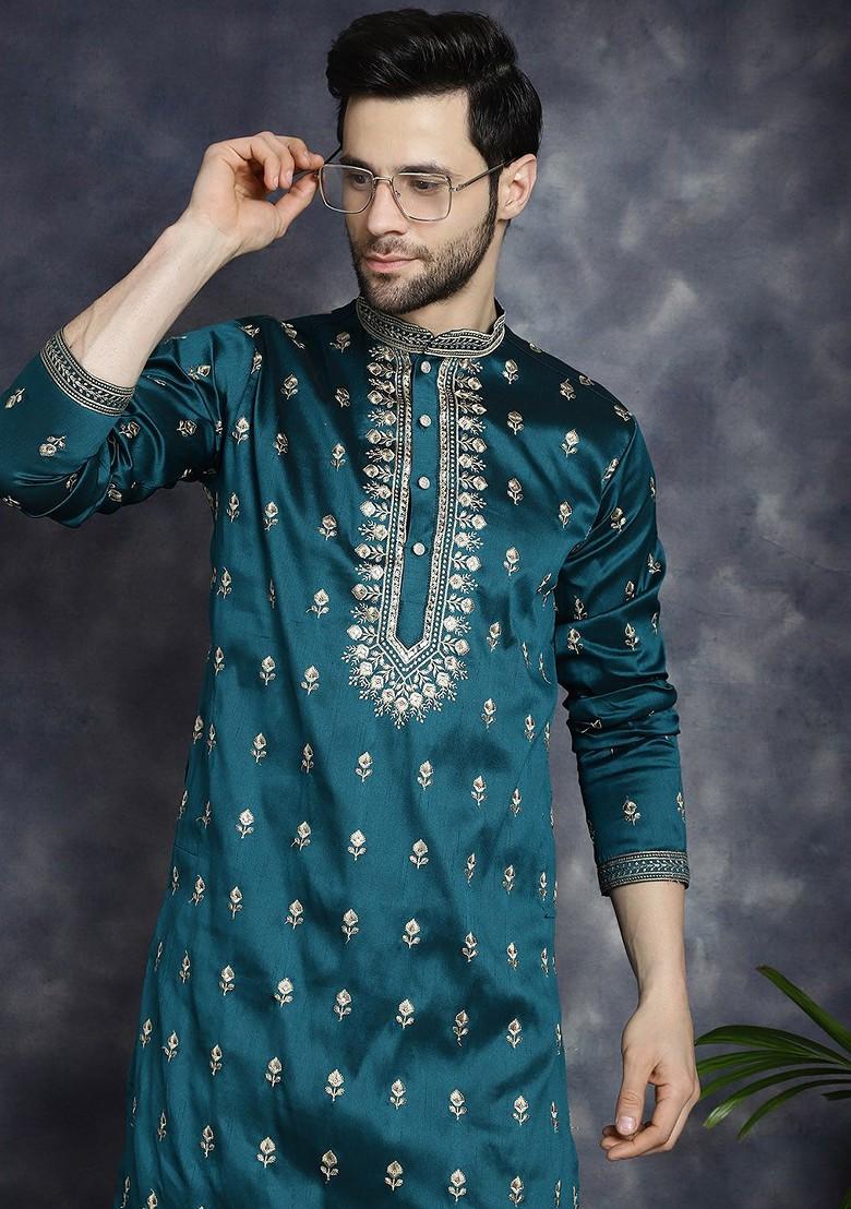 Blue Printed Poly Blend Kurta For Men