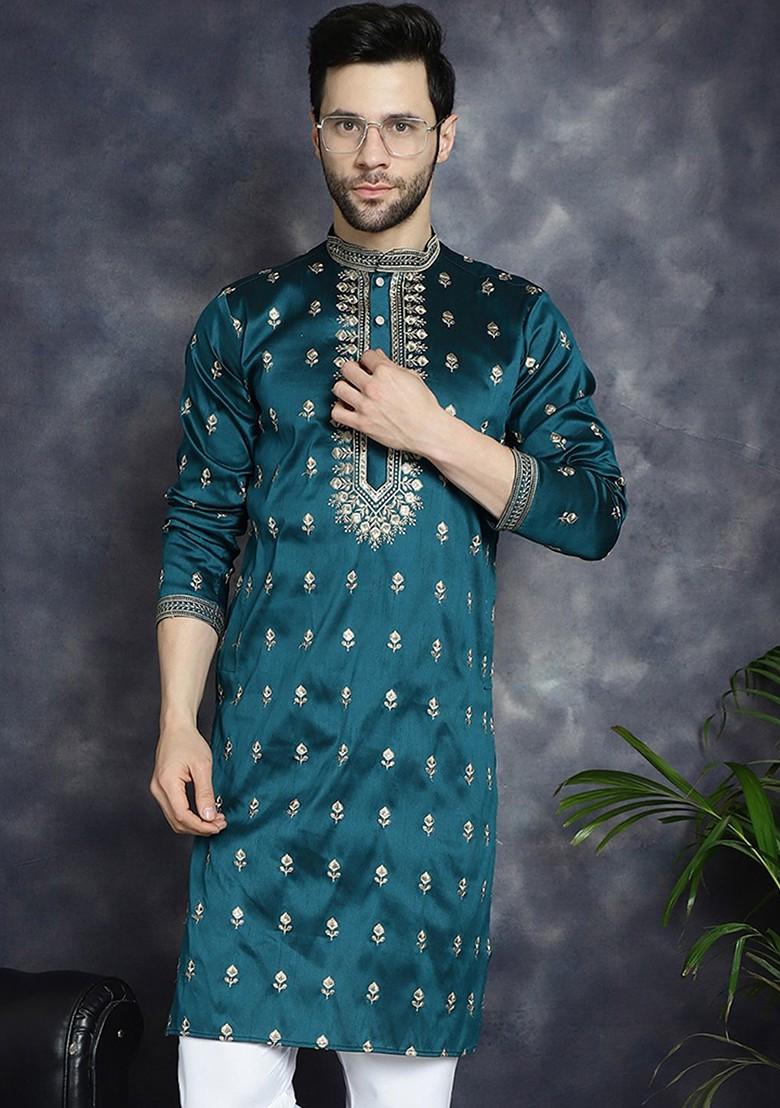Blue Printed Poly Blend Kurta For Men