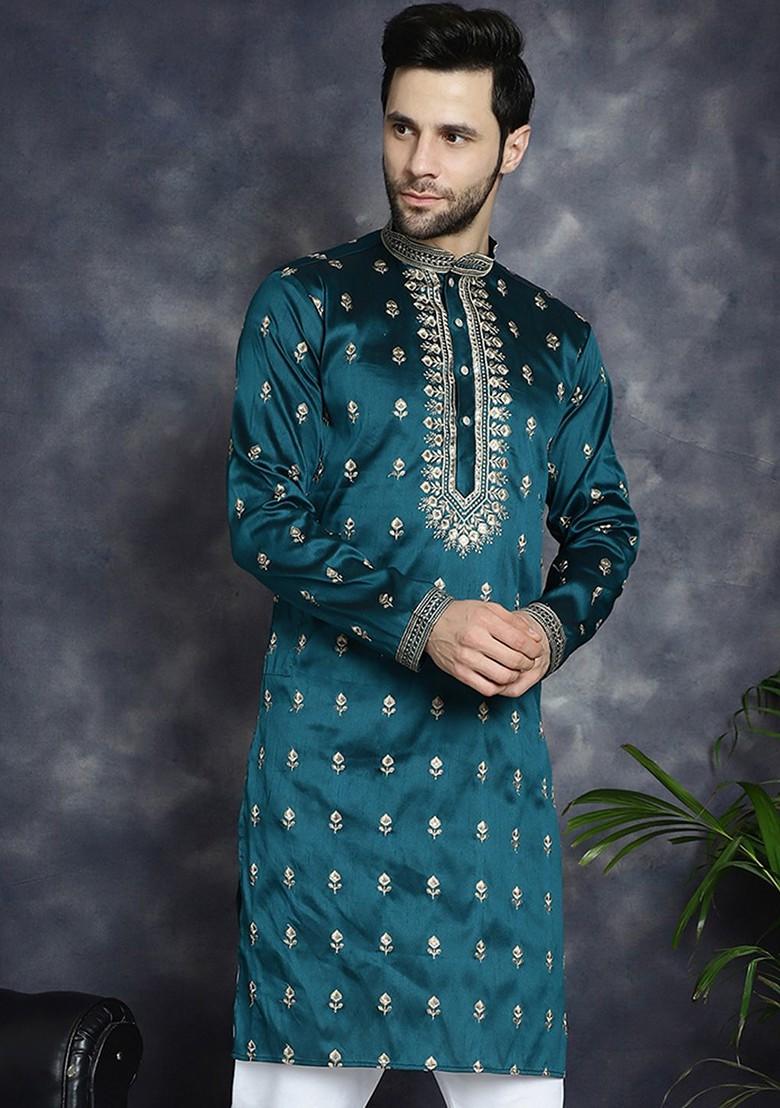 Blue Printed Poly Blend Kurta For Men
