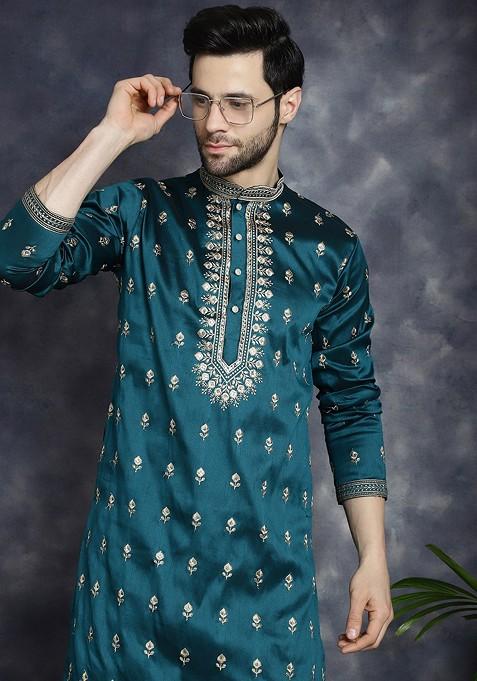 Blue Printed Poly Blend Kurta For Men