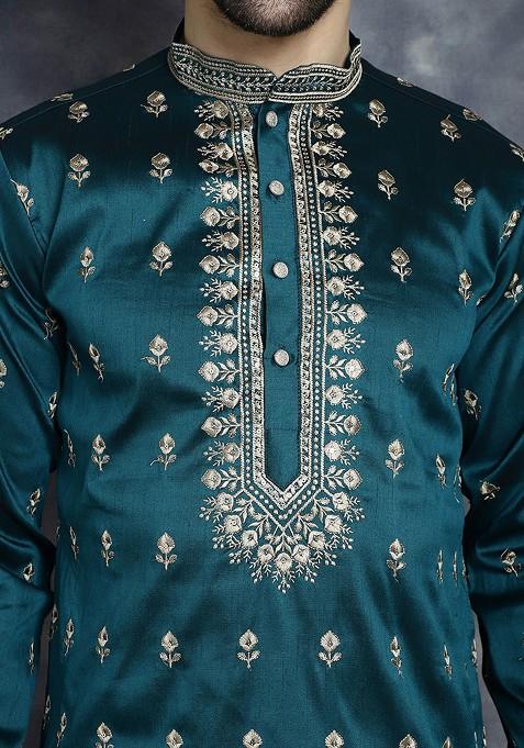 Blue Printed Poly Blend Kurta For Men