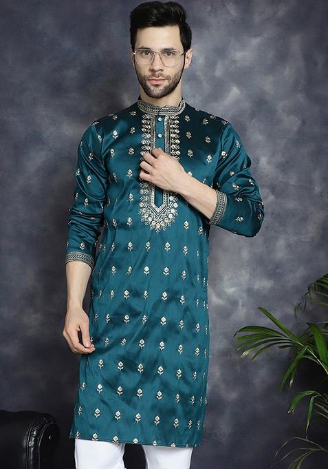 Blue Printed Poly Blend Kurta For Men
