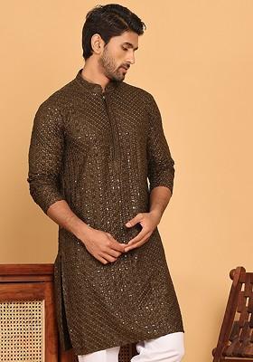 Brown Embroidered Poly Blend Kurta For Men