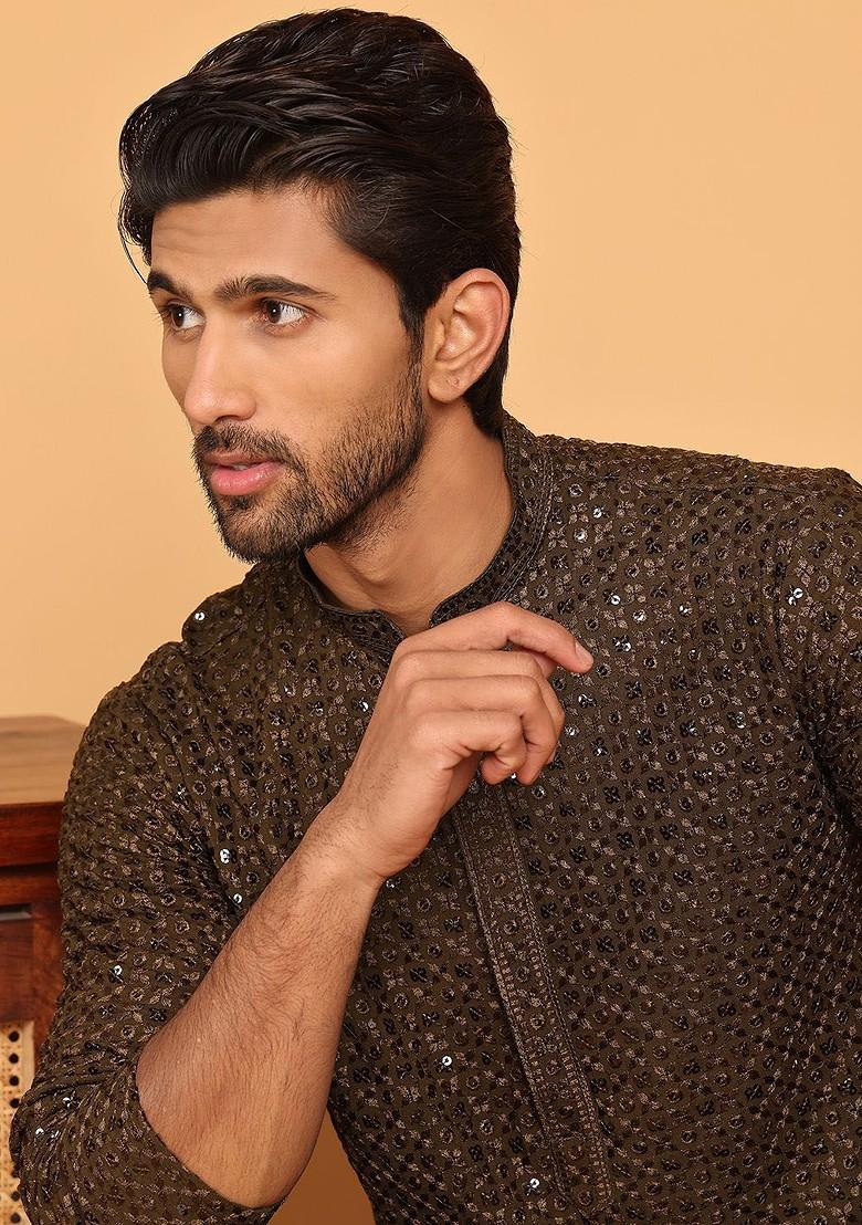 Brown Embroidered Poly Blend Kurta For Men