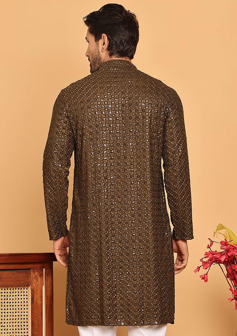 Brown Embroidered Poly Blend Kurta For Men