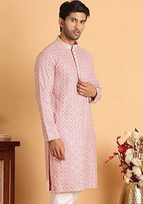 Pink Embroidered Poly Blend Kurta For Men