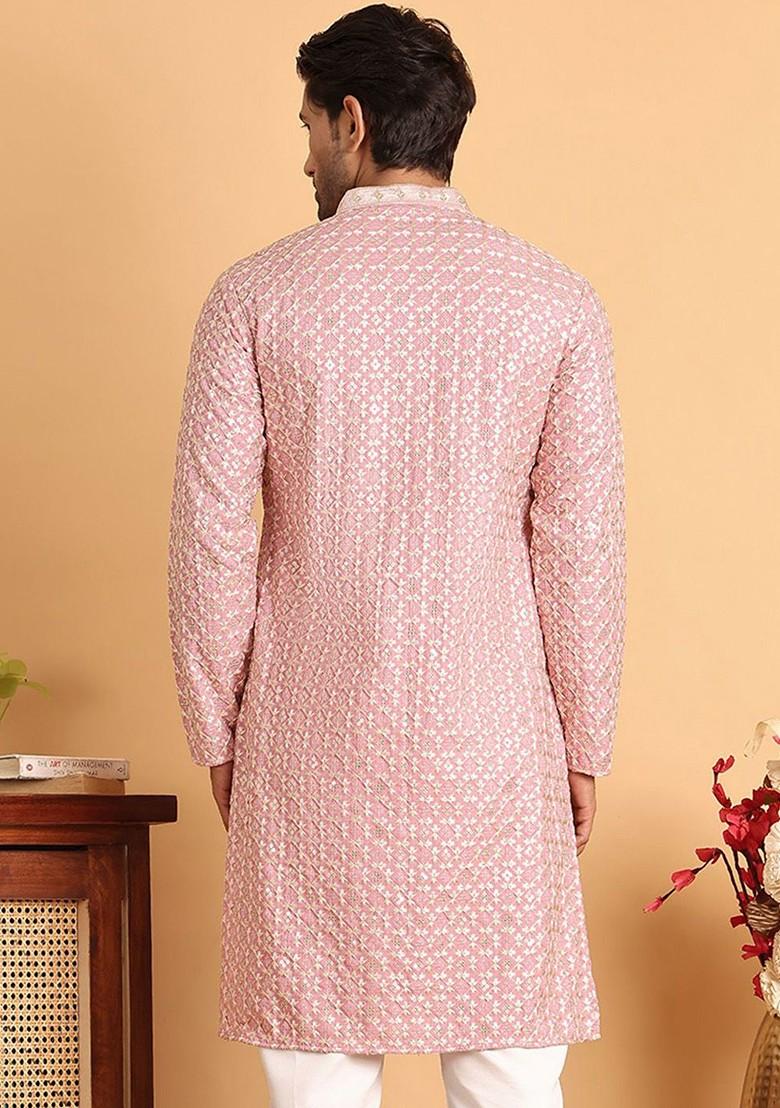 Pink Embroidered Poly Blend Kurta For Men