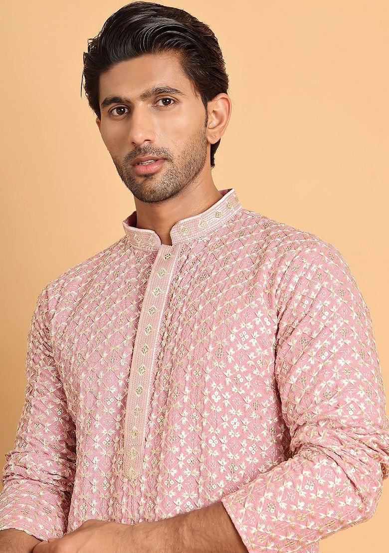 Pink Embroidered Poly Blend Kurta For Men