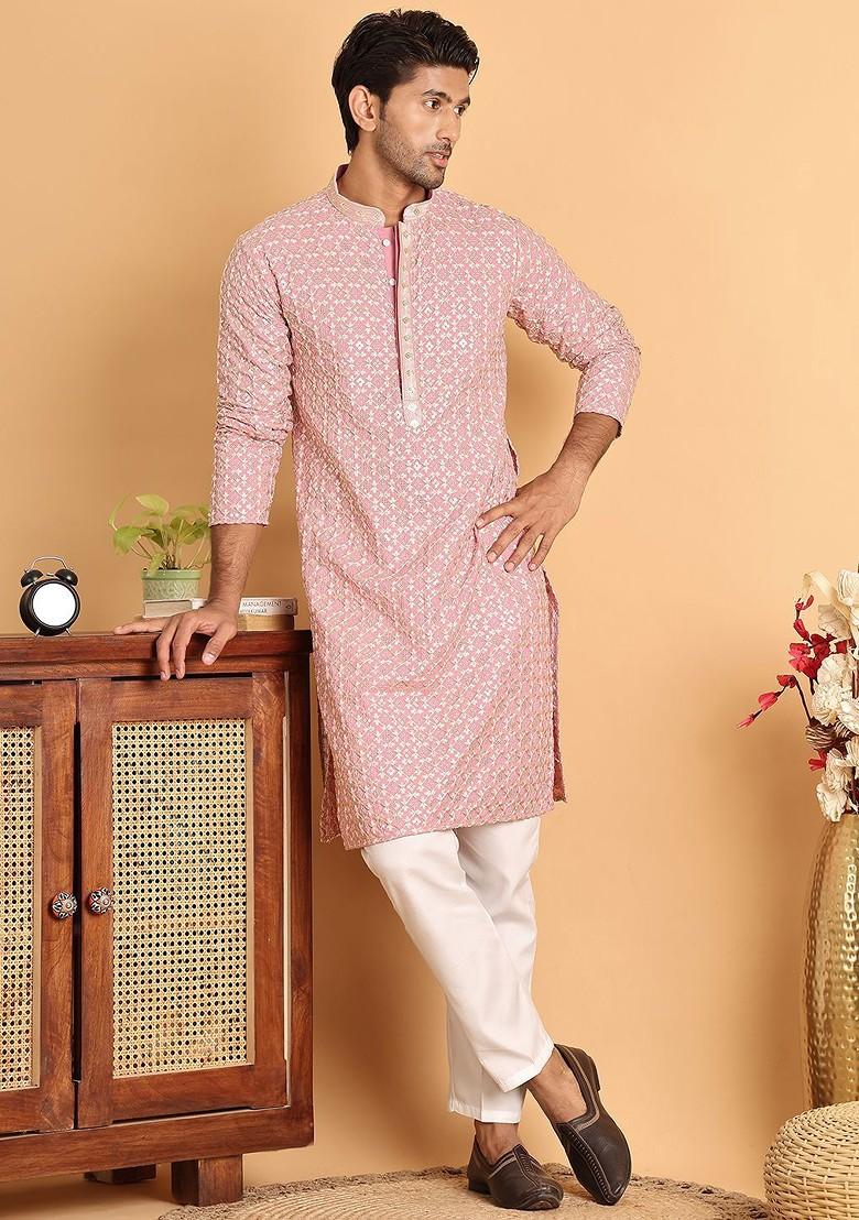 Pink Embroidered Poly Blend Kurta For Men