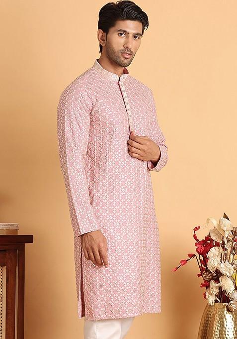 Pink Embroidered Poly Blend Kurta For Men