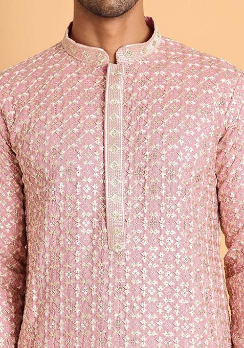 Pink Embroidered Poly Blend Kurta For Men