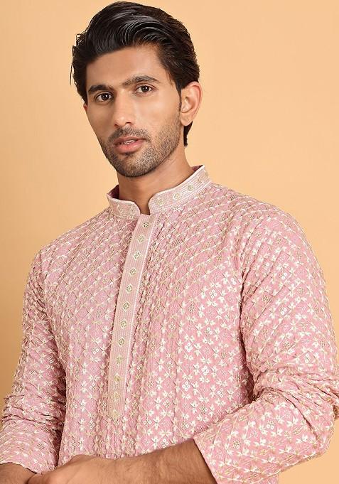 Pink Embroidered Poly Blend Kurta For Men