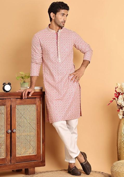 Pink Embroidered Poly Blend Kurta For Men