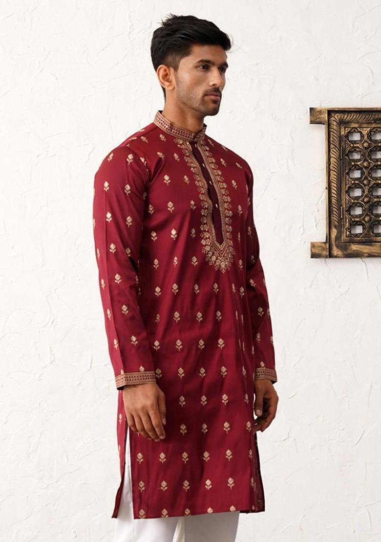 Maroon Embroidered Poly Blend Kurta For Men