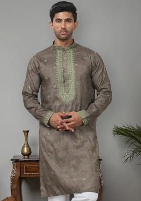 Brown Embroidered Poly Blend Kurta For Men