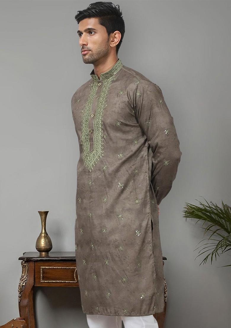 Brown Embroidered Poly Blend Kurta For Men
